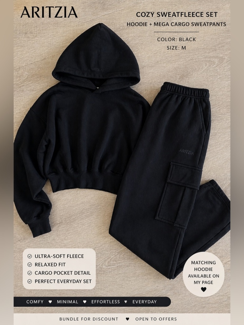 Aritzia Cozy Sweatfleece Set: 
Black Hoodie + Mega Cargo Sweatpants 🖤